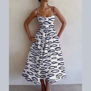 Women Fit & Flare Dress Size M Print Fish Blue Blue White Square Neck Sleeveless